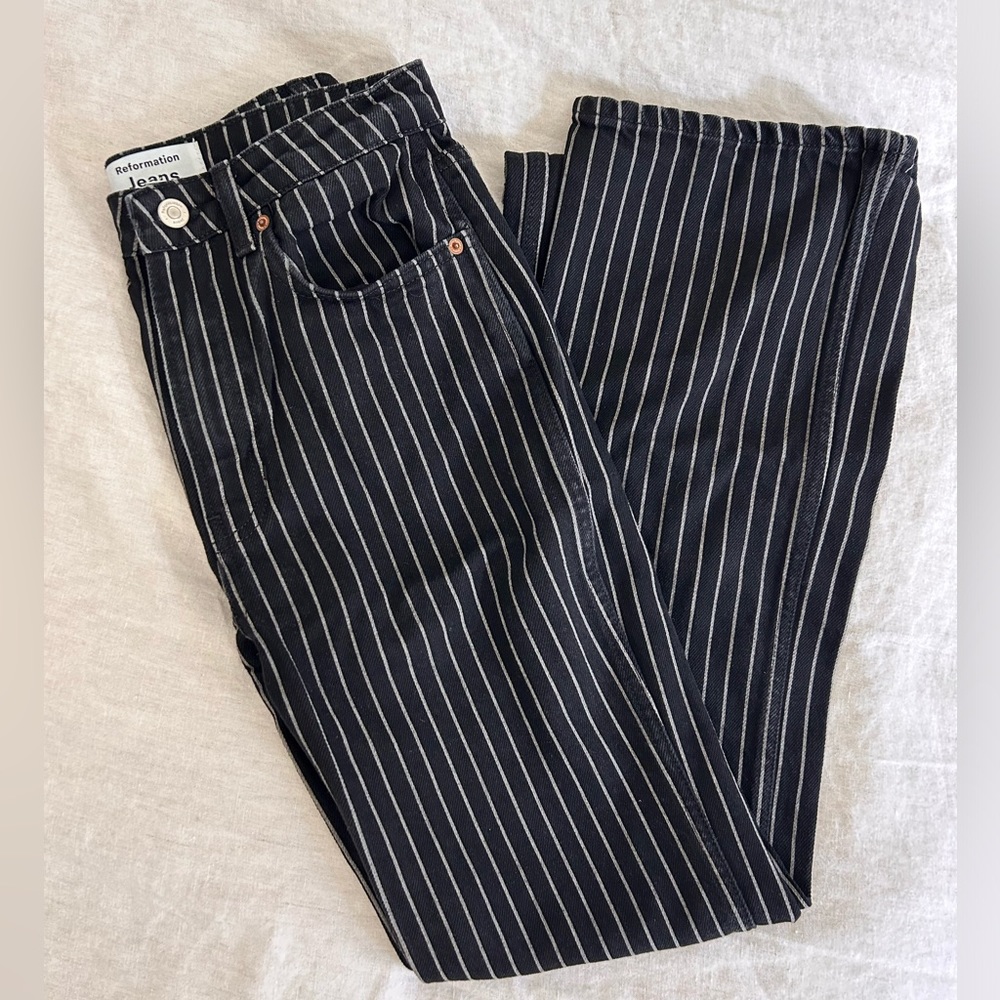 Reformation Georgia Pinstripe High Rise Flare Jeans, 27